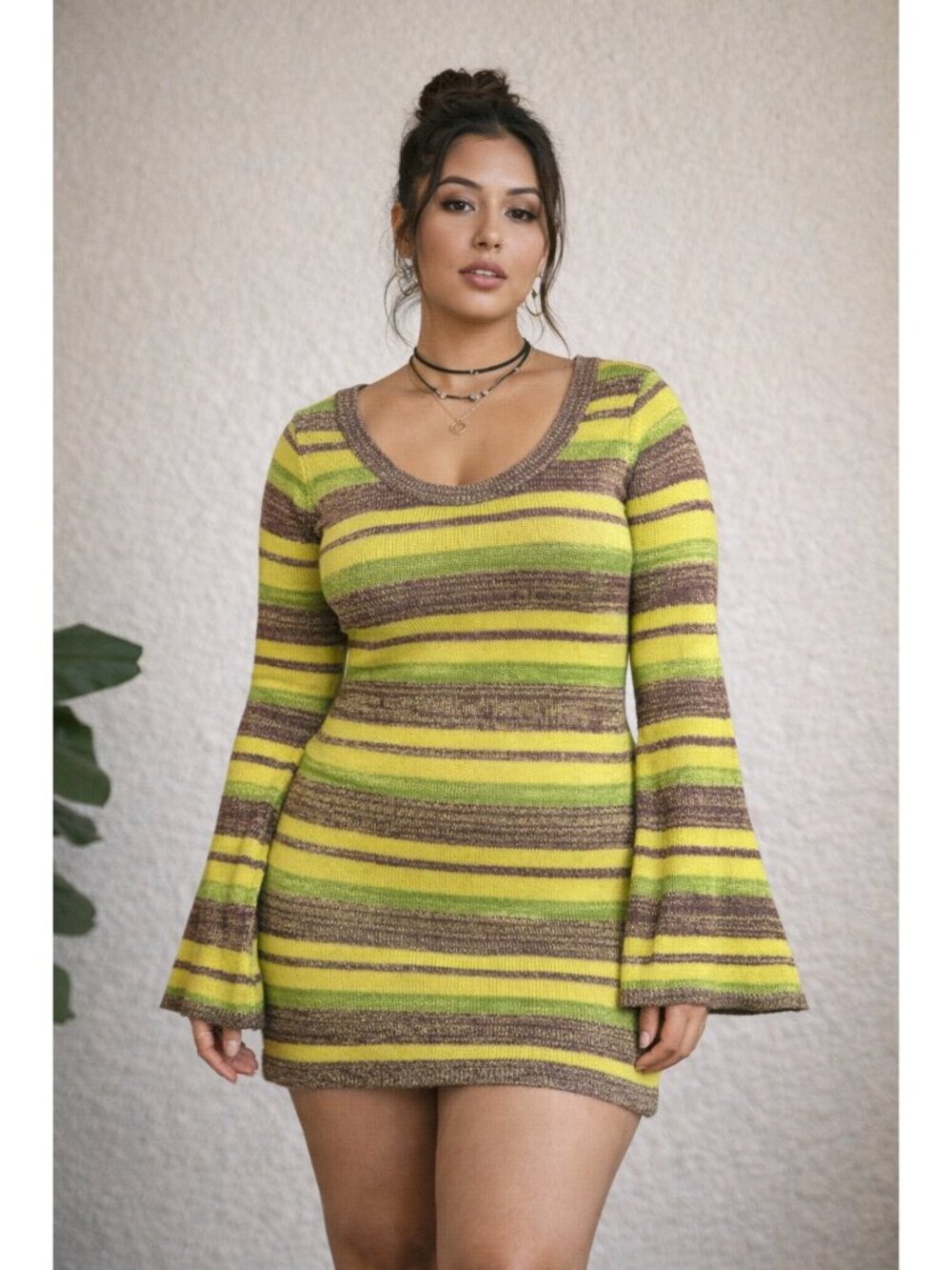 Y2K Sweater Dress Large Striped Bell Sleeve Strappy Cutout Open Back Boho Knit